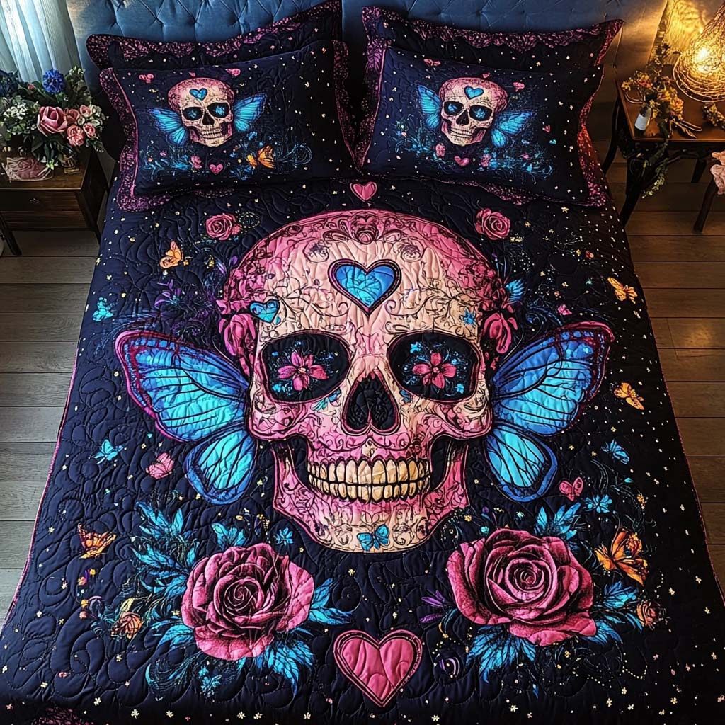 Butterfly Skull Love 3-Piece Quilted Bedding Set NCU0NT7936