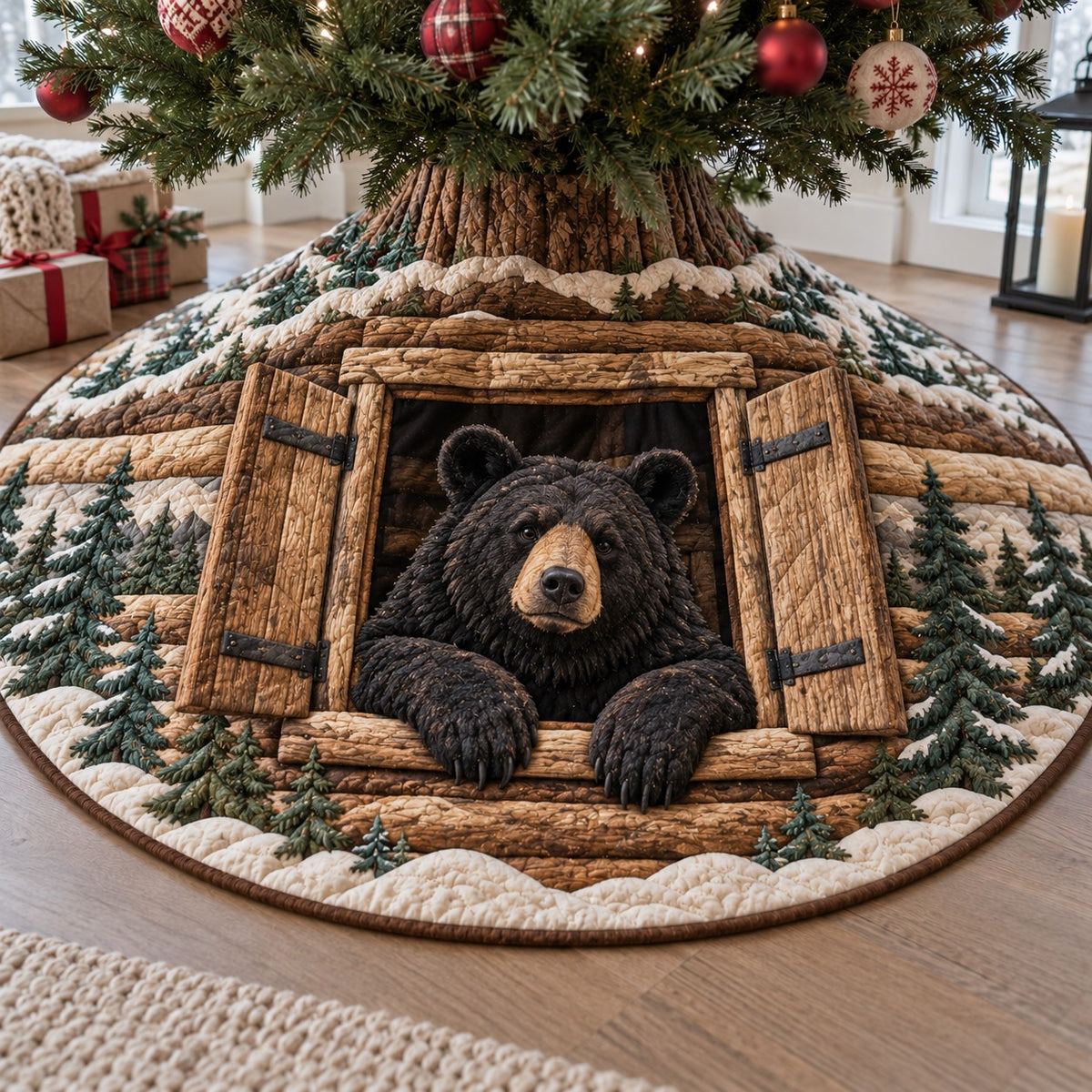 Cabin Window Black Bear Christmas Quilted Tree Skirt NCU0TV2164