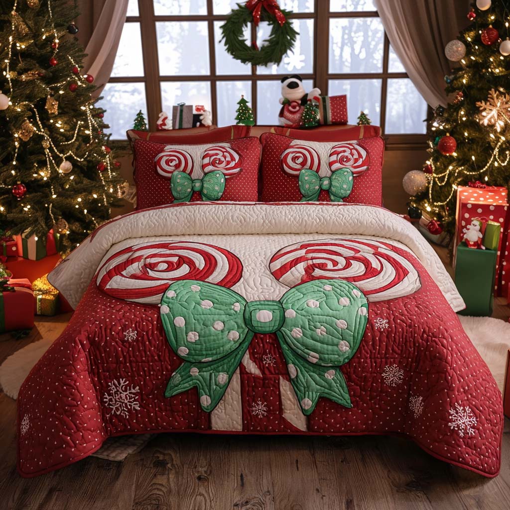 Candy Cane Bow 3-Piece Quilted Bedding Set NCU0XD548