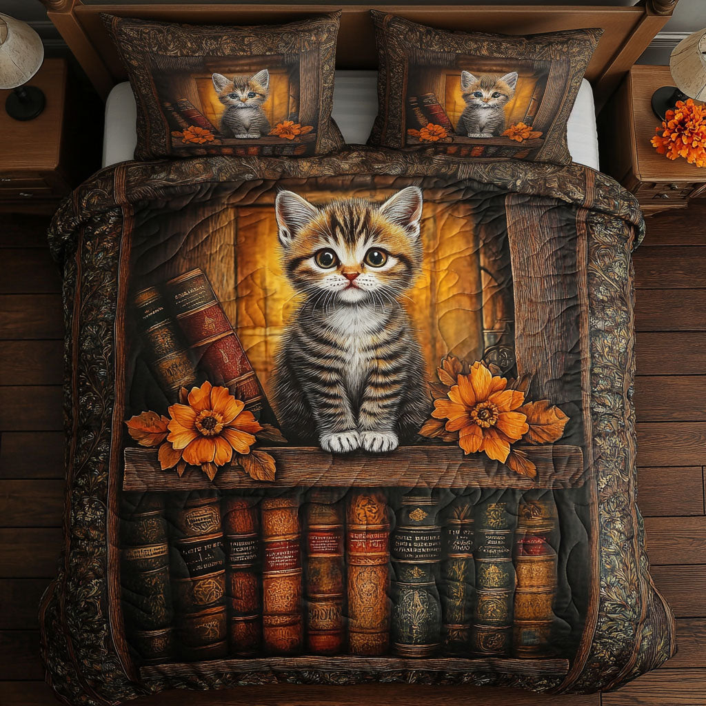Cat Book Nook 3-Piece Quilted Bedding Set NCU0NT6790