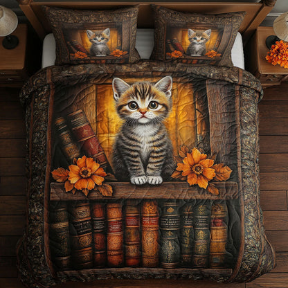Cat Book Nook 3-Piece Quilted Bedding Set NCU0NT6790