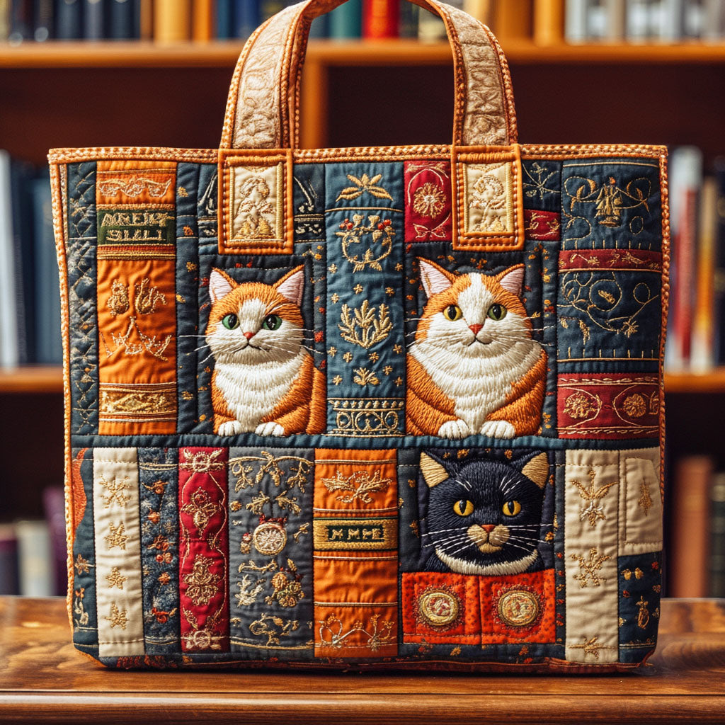 Cat Shelf Stories Quilted Tote Bag NCU0TD638