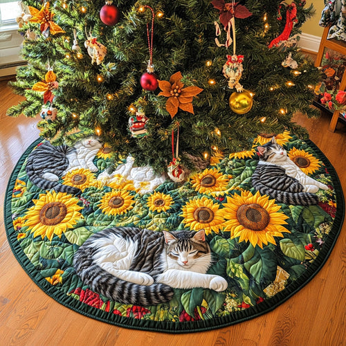 Catnap in the Sunflowers Quilted Christmas Tree Skirt NCU0PT2366