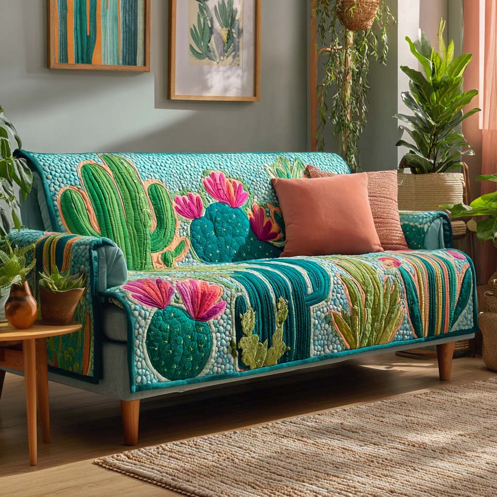 Cactus Blooming Quilted Sofa Cover NCU0XD1493