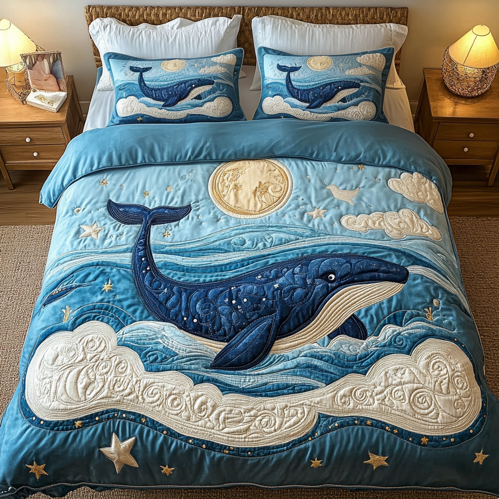 Celestial Blue Whale 3-Piece Quilted Bedding Set NCU0VL1209