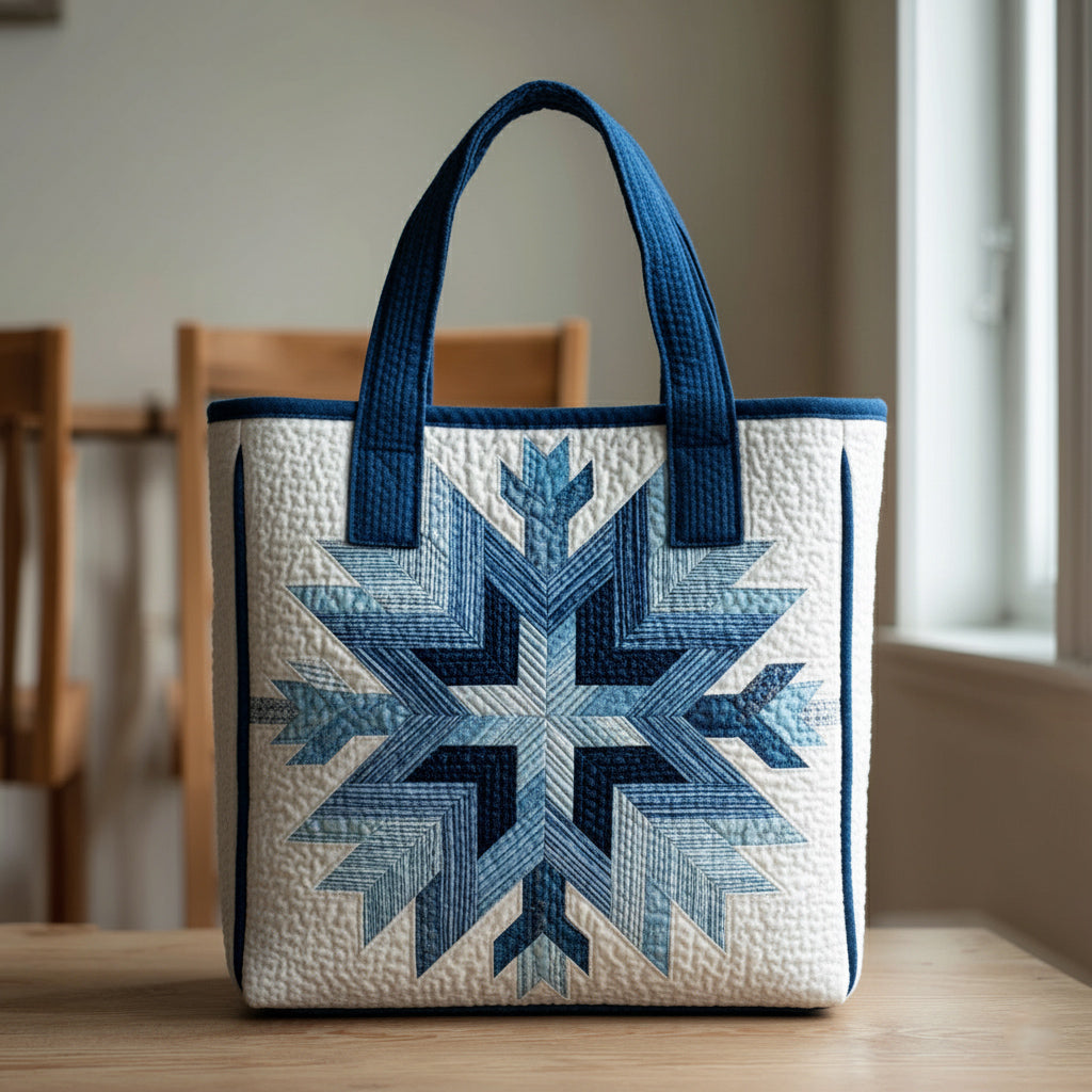 Cerulean Snowflake Motif Quilted Tote Bag NCU0HH424