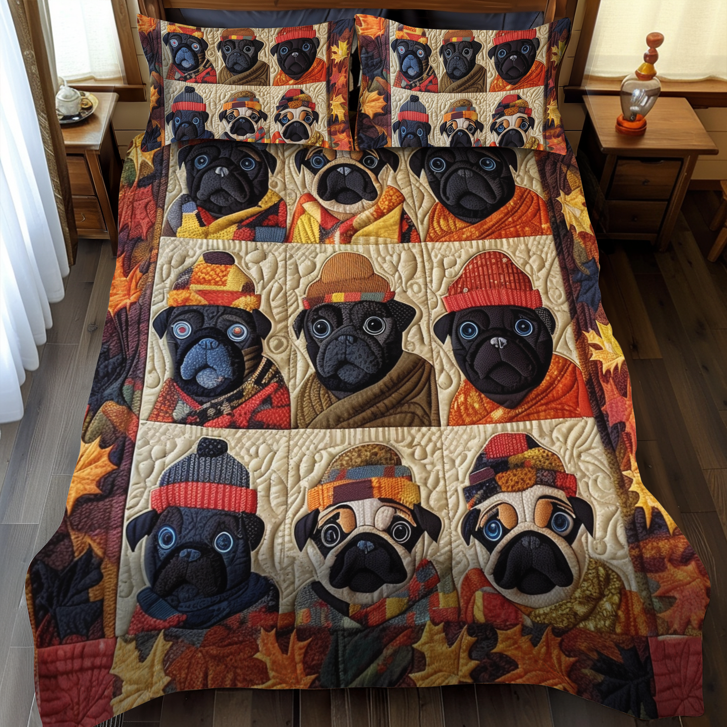 Charming Pugs 3-Piece Quilted Bedding Set NCU0VL097