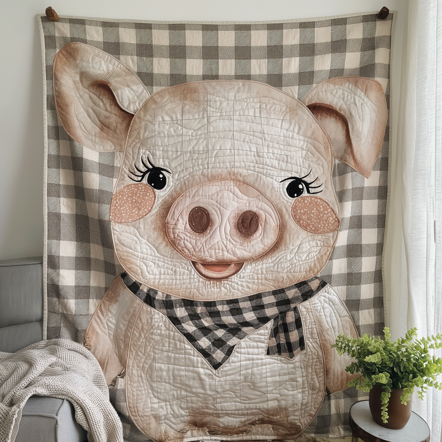 Checkered Scarf Pig Quilted Blanket NCU0TL275