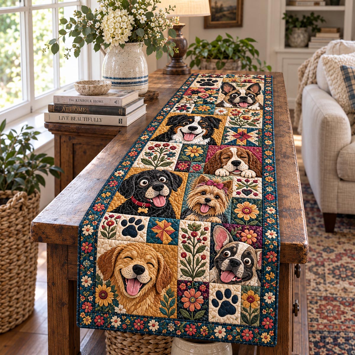 Cheerful Dog Faces Quilted Table Runner NCU0DV10457