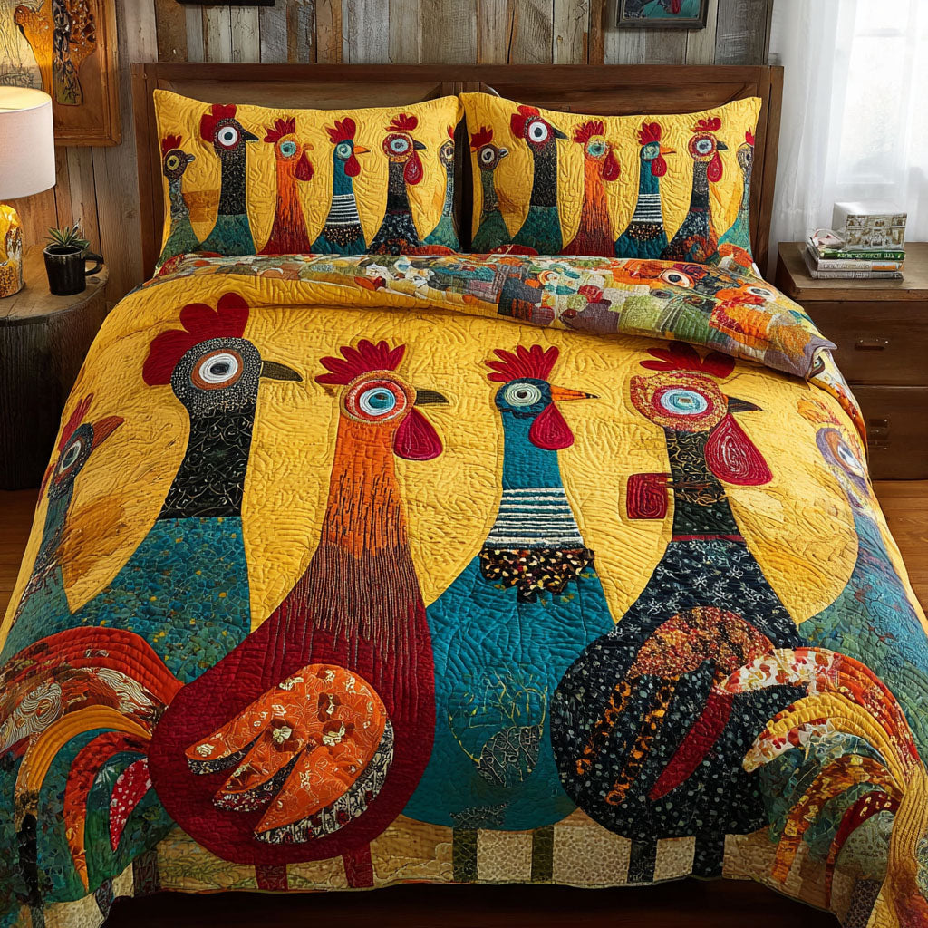 Chicken Gathering 3-Piece Quilted Bedding Set NCU0DK11596