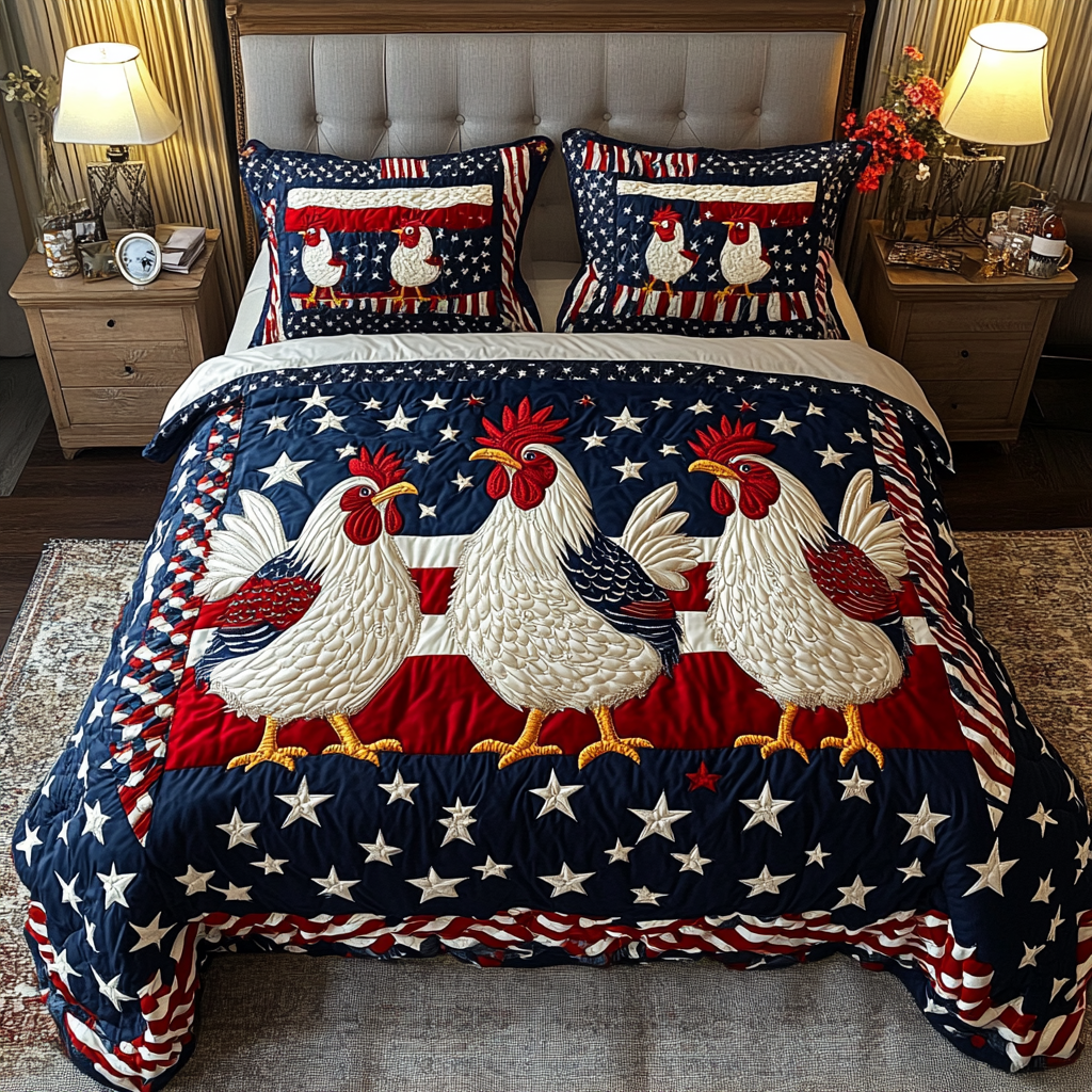 Chicken Parade 3-Piece Quilted Bedding Set NCU0DK8484