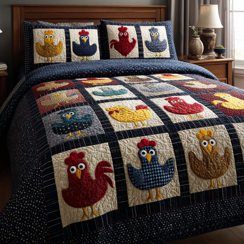 Chicken Patchwork 3-Piece Quilted Bedding Set NCU0DK12031