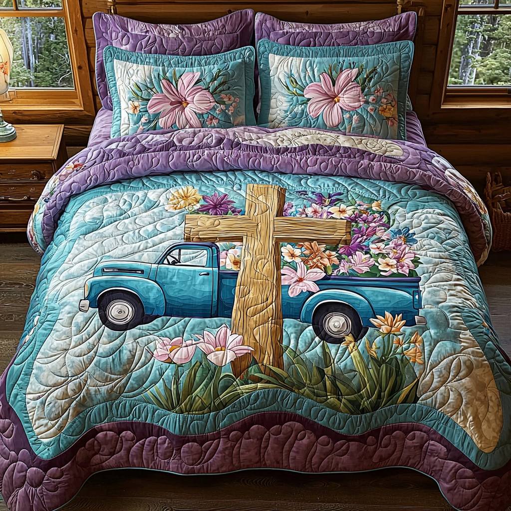 Christian Cross Bloom 3-Piece Quilted Bedding Set NCU0DV6254