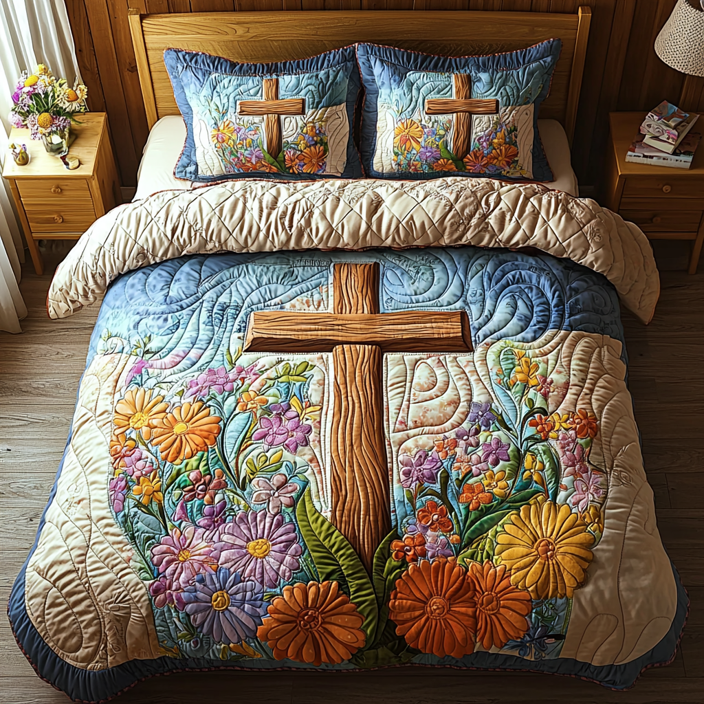 Christian Cross Path 3-Piece Quilted Bedding Set NCU0DV6251