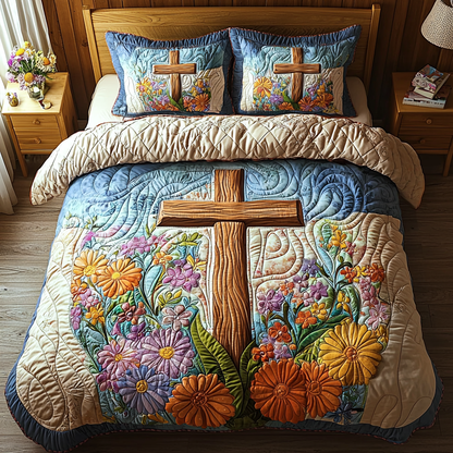 Christian Cross Path 3-Piece Quilted Bedding Set NCU0DV6251