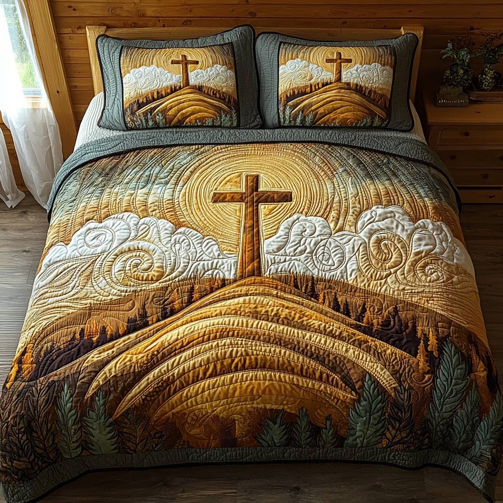 Christian Cross Sunrise 3-Piece Quilted Bedding Set NCU0DV6248