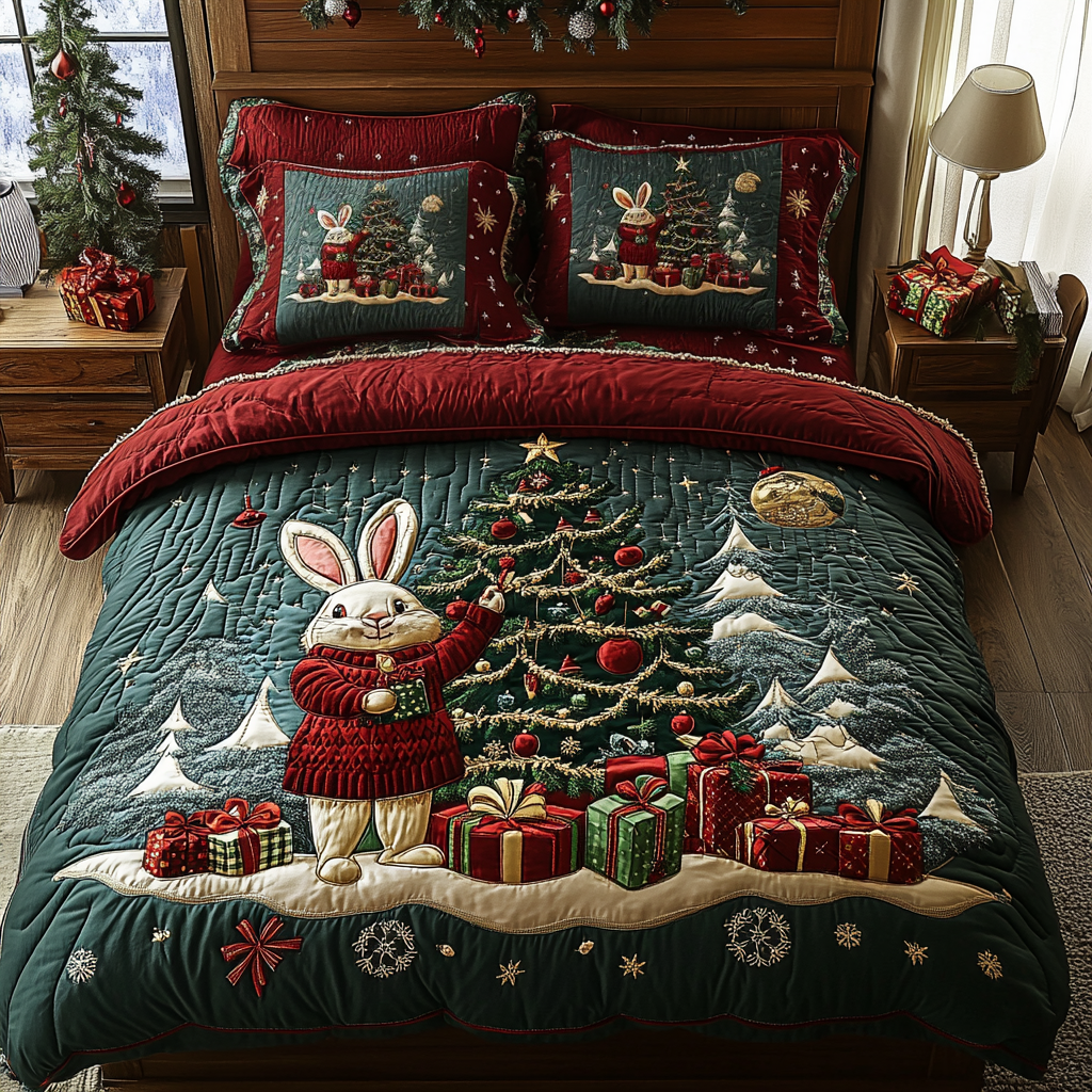 Christmas Cottontail Cheer 3-Piece Quilted Bedding Set NCU0DK2591