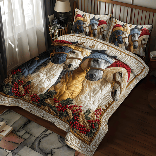 Christmas Horse Friends 3-Piece Quilted Bedding Set NCU0DV1137