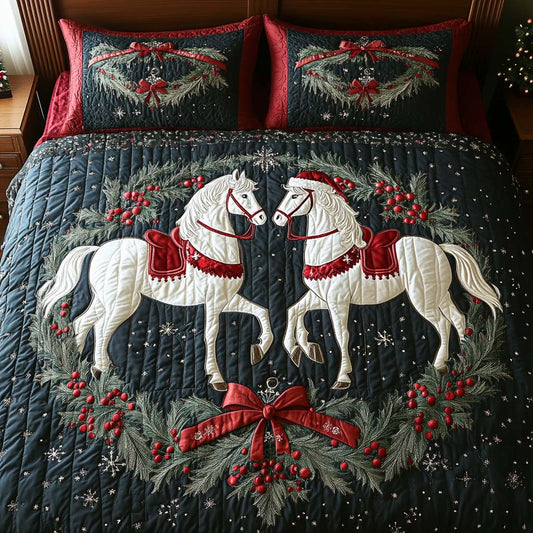 Christmas Horses Wreath 3-Piece Quilted Bedding Set NCU0XD424