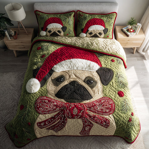 Christmas Pug Cheer 3-Piece Quilted Bedding Set NCU0HH392