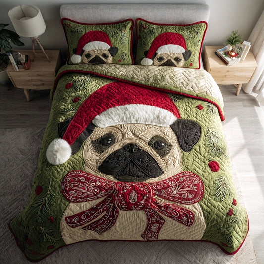 Christmas Pug Cheer 3-Piece Quilted Bedding Set NCU0HH392