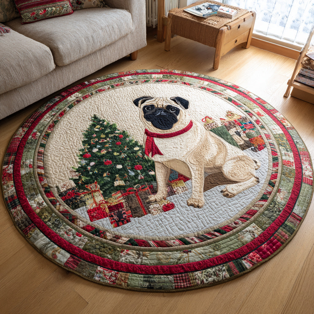 Christmas Pug Scene Quilted Round Mat NCU0HH408