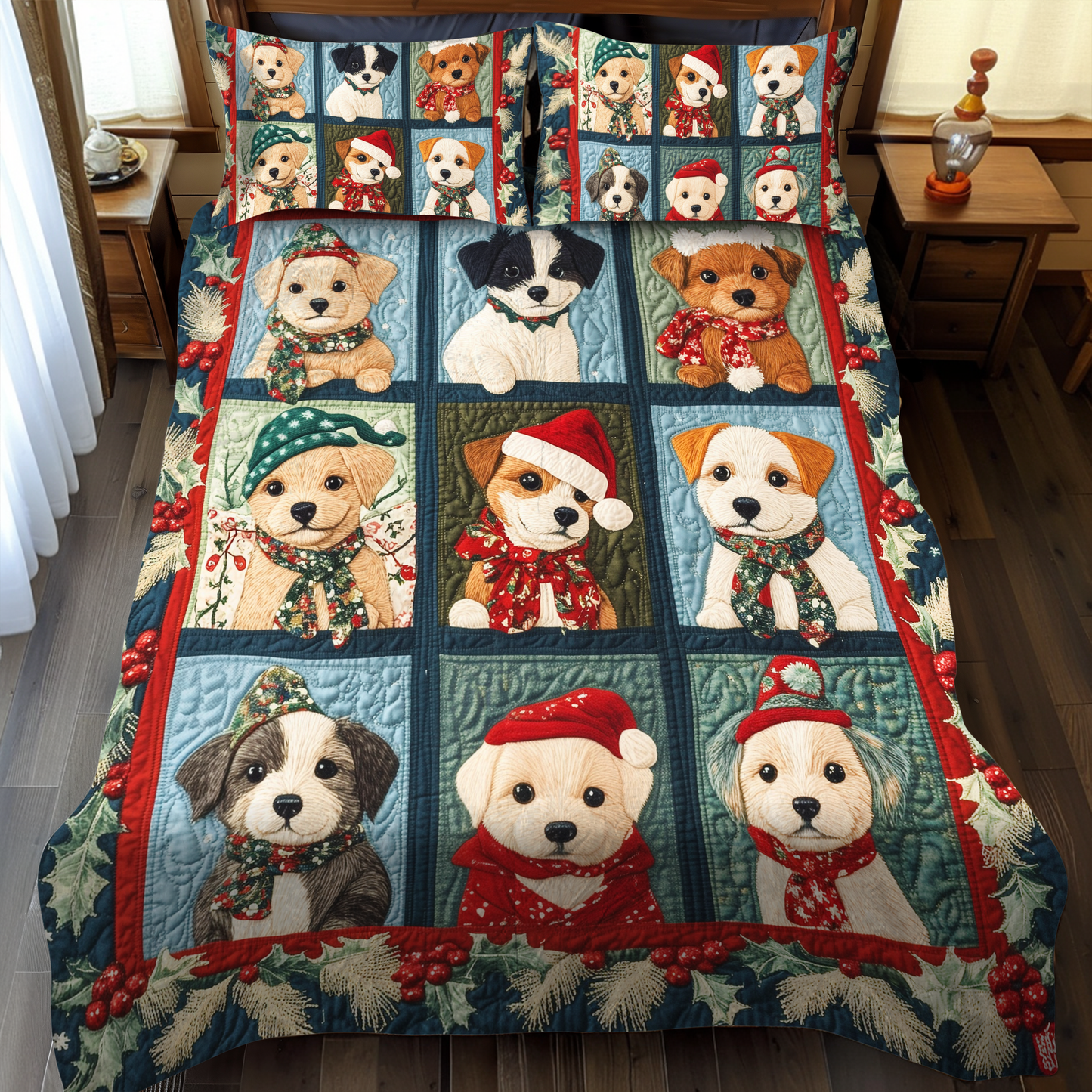 Christmas Puppy Joy 3-Piece Quilted Bedding Set NCU0VL623