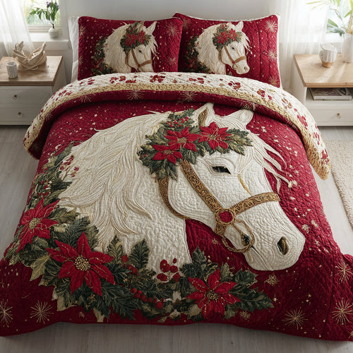 Christmas White Horse 3-Piece Quilted Bedding Set NCU0HH738