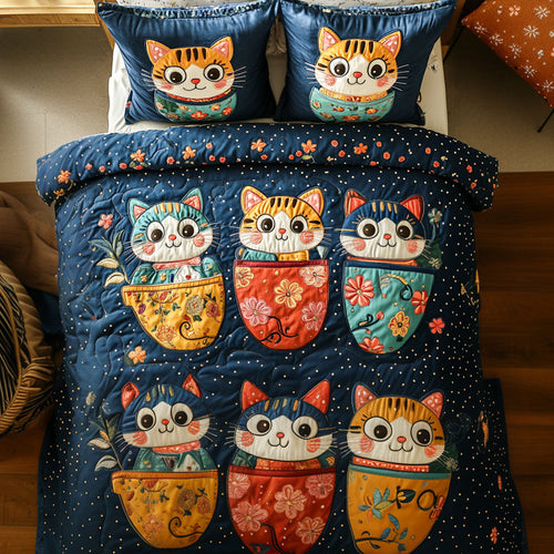 Chubby Mug Kitties 3-Piece Quilted Bedding Set NCU0NT7346