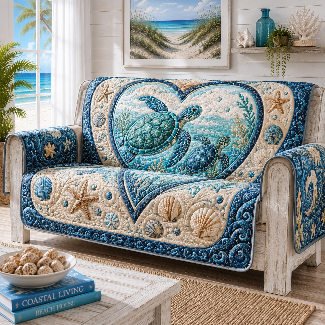 Coastal Heart Companions Quilted Sofa Cover NCU0VL3943