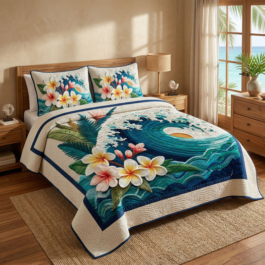 Coastal Plumeria 3-Piece Quilted Bedding Set NCU0NT12725