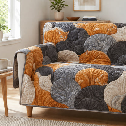 Coiled Feline Slumber Quilted Sofa Cover NCU0VL3945