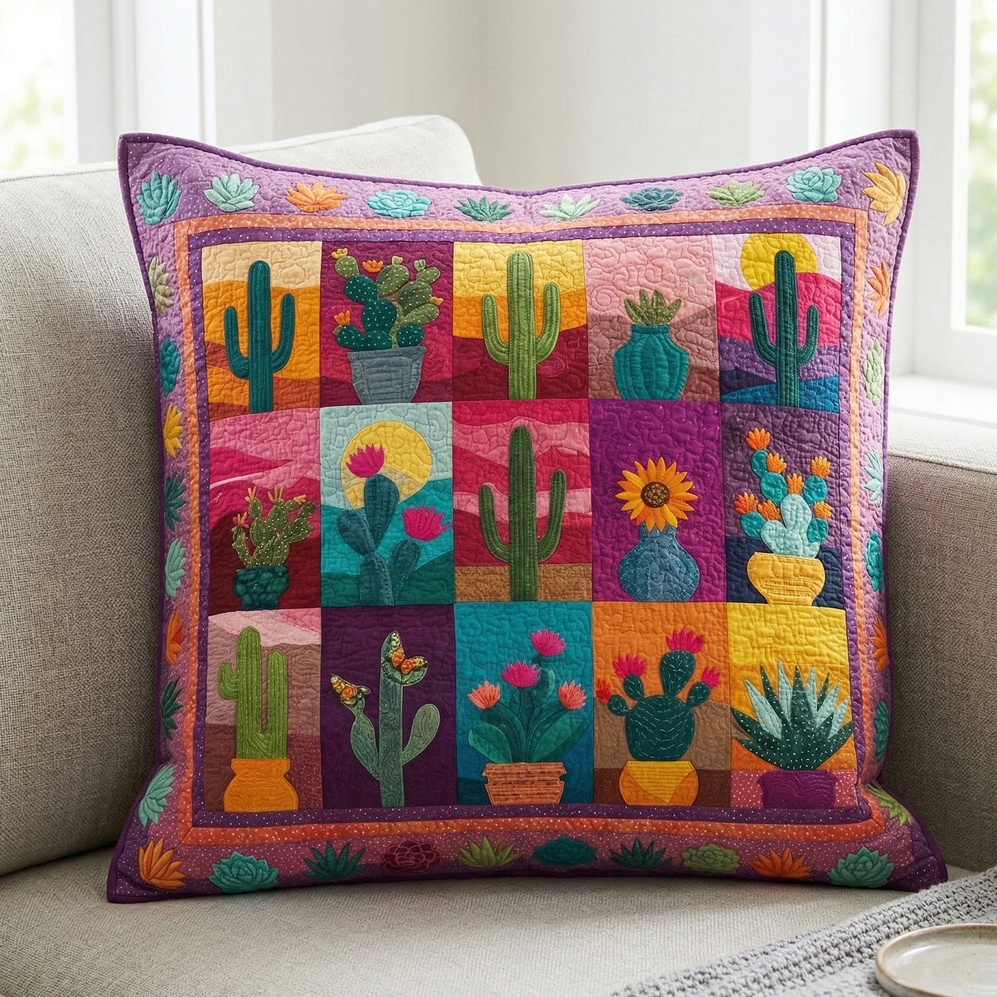 Colorful Cactus Garden Quilted Pillow Case NCU0NT12582