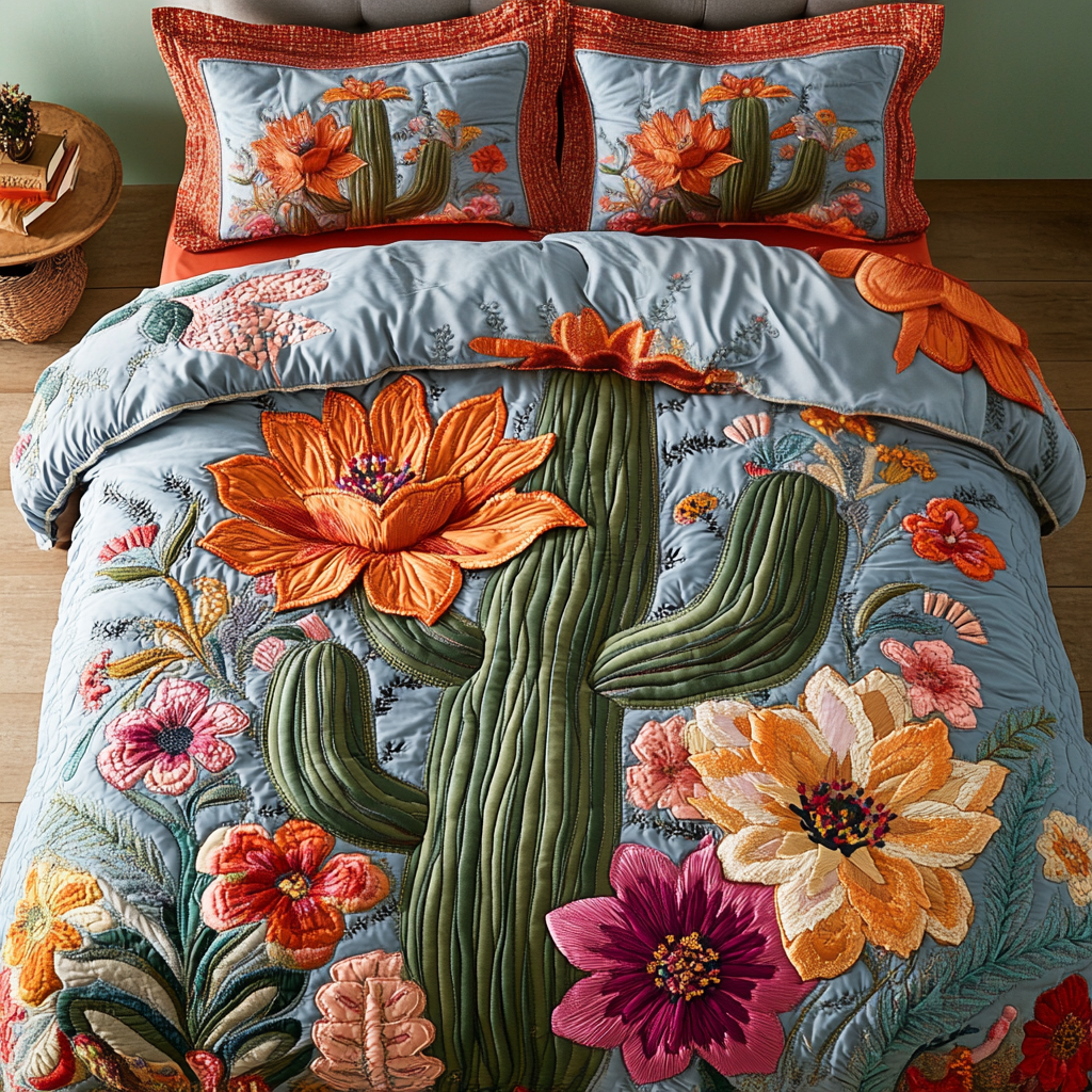 Colorful Cactus 3-Piece Quilted Bedding Set NCU0VH5867