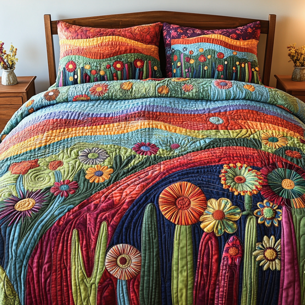 Colorful Cactus Field 3-Piece Quilted Bedding Set NCU0DV4051