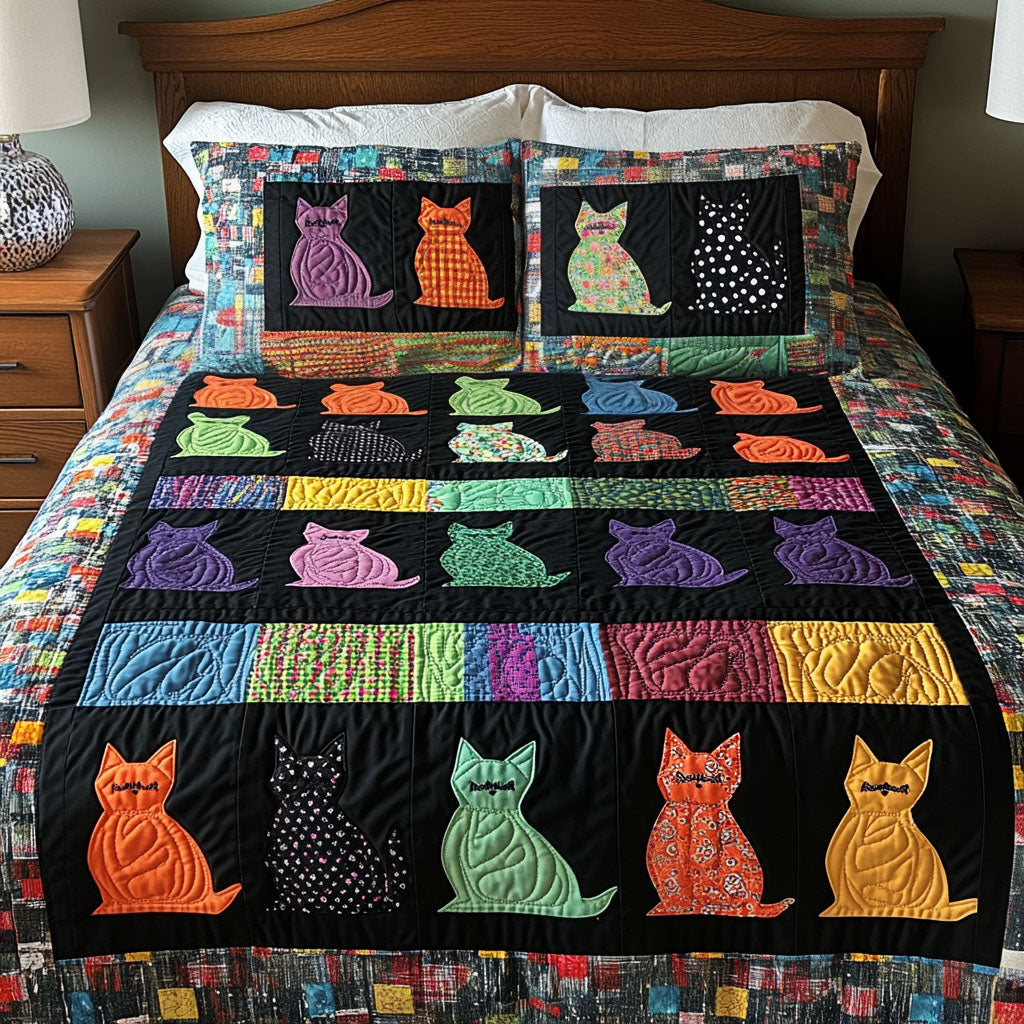 Colorful Cat Parade 3-Piece Quilted Bedding Set NCU0NT5138