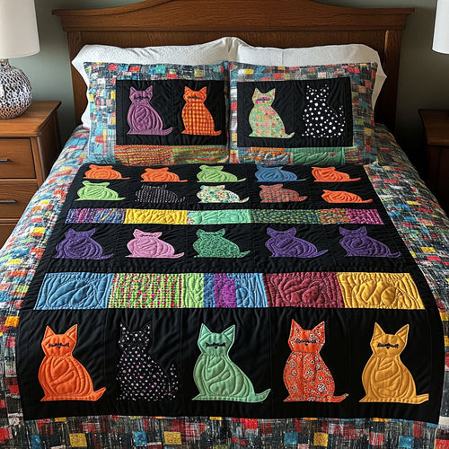 Colorful Cat Parade 3-Piece Quilted Bedding Set NCU0NT5138