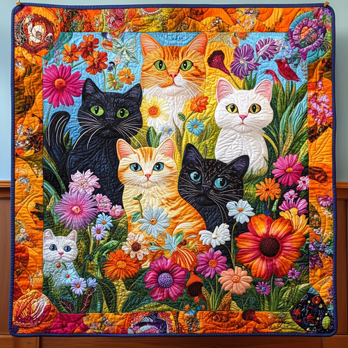 Colorful Cat Peeking Quilted Blanket NCU0PD597