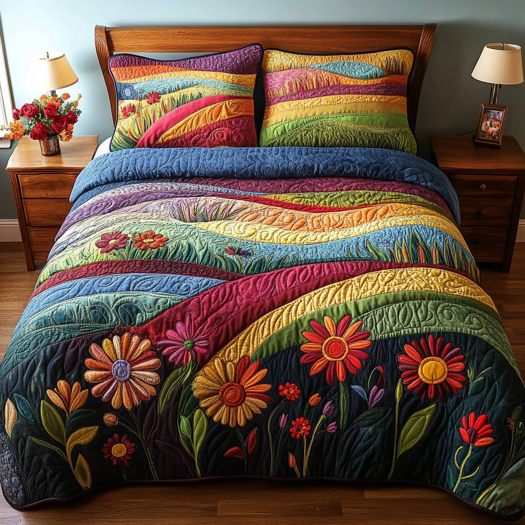 Colorful Flower Field 3-Piece Quilted Bedding Set NCU0DV4056