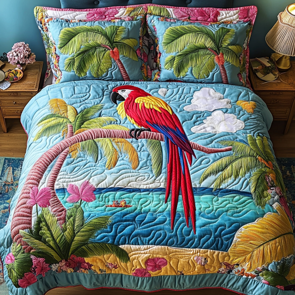 Colorful Parrot 3-Piece Quilted Bedding Set NCU0DK7744