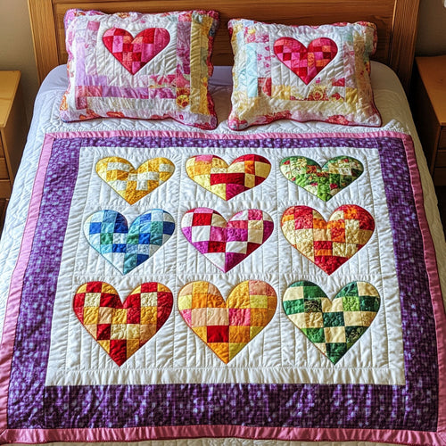 Colorful Patchwork Hearts 3-Piece Quilted Bedding Set NCU0NT3413
