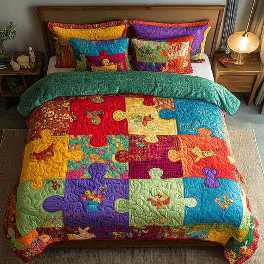 Colorful Puzzle Pieces 3-Piece Quilted Bedding Set NCU0DK6051