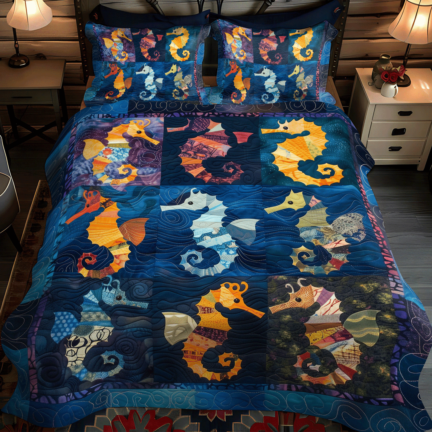 Colorful Seahorses 3-Piece Quilted Bedding Set NCU0TH1259