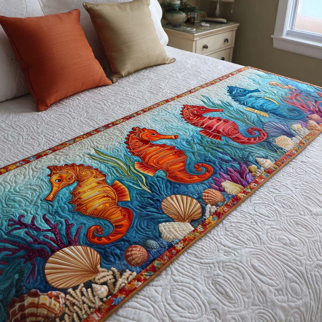 Colorful Seahorses Quilted Bed Runner NCU0NT9944