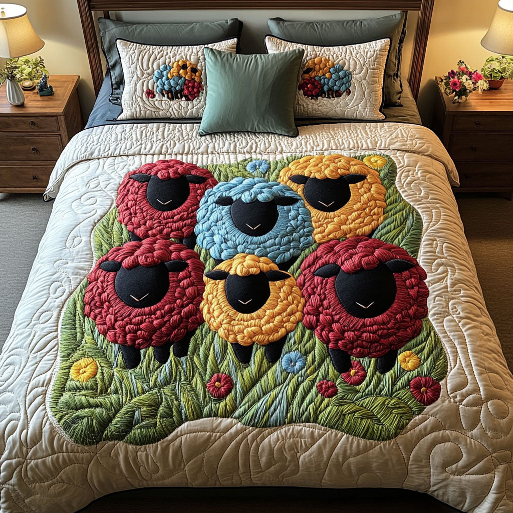 Colorful Sheep Gathering 3-Piece Quilted Bedding Set NCU0NT4323