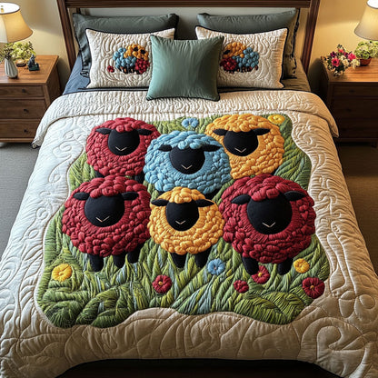 Colorful Sheep Gathering 3-Piece Quilted Bedding Set NCU0NT4323