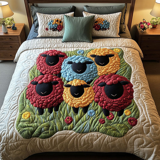 Colorful Sheep Gathering 3-Piece Quilted Bedding Set NCU0NT4323