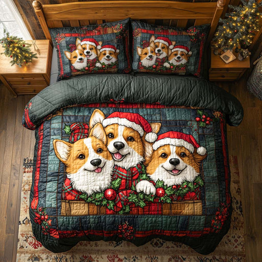 Corgi Christmas Joy 3-Piece Quilted Bedding Set NCU0XD666