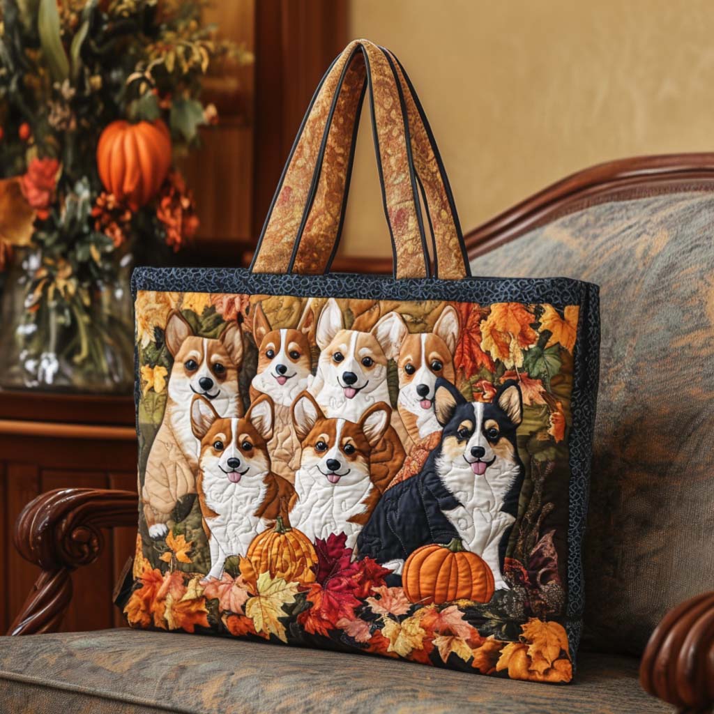 Corgi Fall Walk Quilted Tote Bag NCU0NT9313