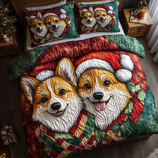 Corgi Festive Pair 3-Piece Quilted Bedding Set NCU0XD670